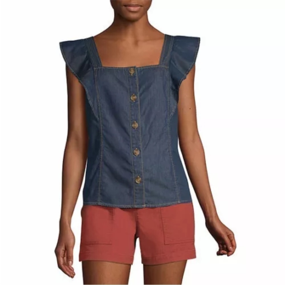❤️ 🆕 ANA Women's Square Neck Short Sleeve Dark Wash Button Front Sleeveless 2XL
